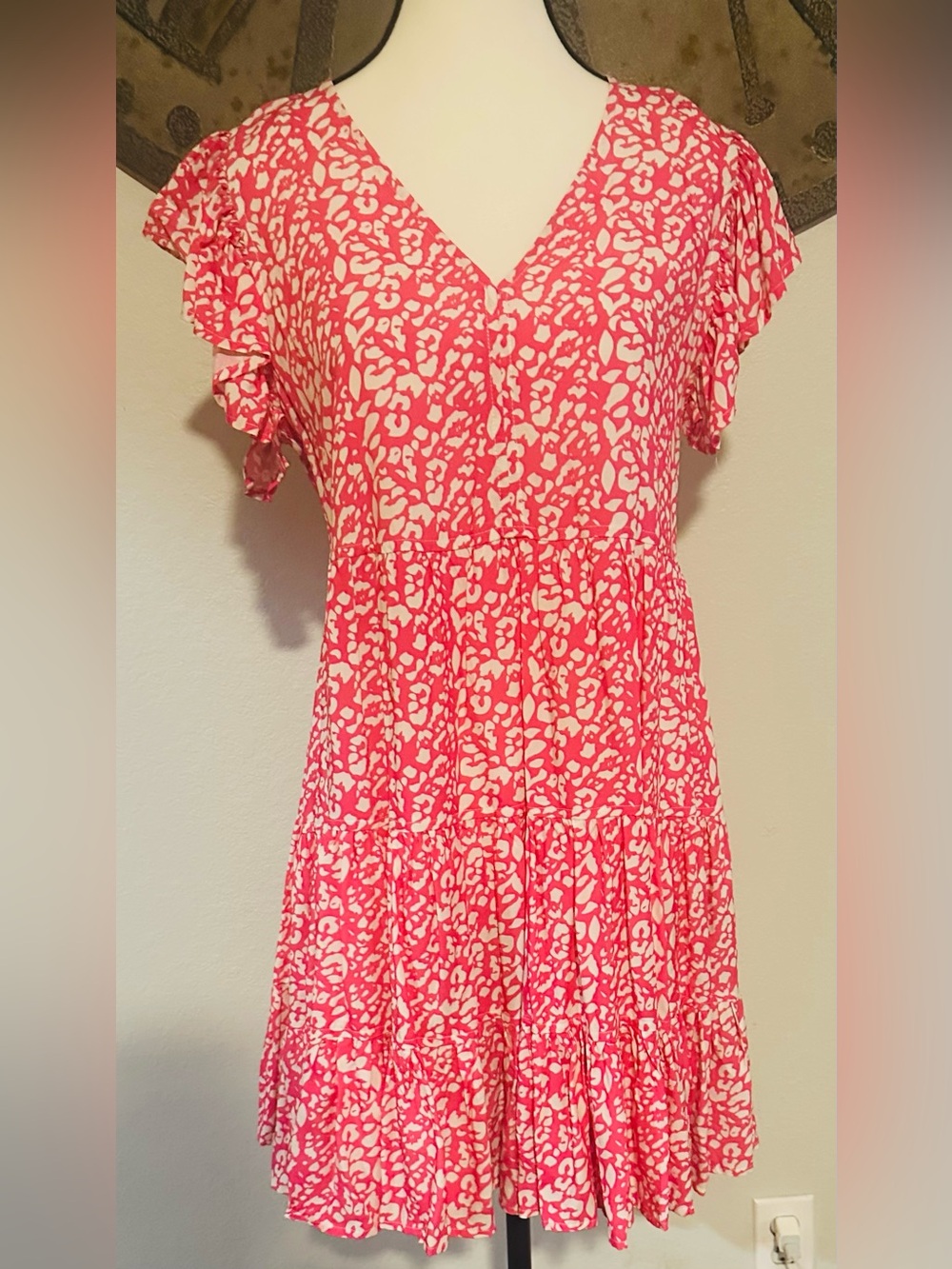 Pinch Pink and White Printed V-Neck Ruffle Sleeve Dress